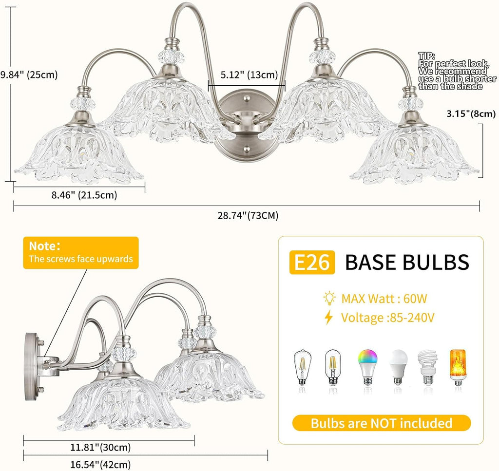 Brushed Nickel Bathroom Vanity Light, 4-Light Vanity Light with Floral Clear Glass Shades, Brushed Nickel Wall Mount Lighting for Bathroom, Dressing Table