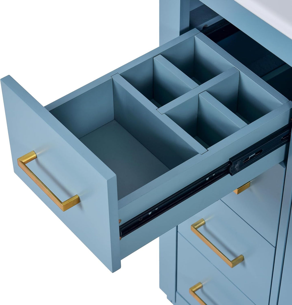 30 Inch Aqua Blue Bathroom Vanity with Sink & Gold Handles,Modern Bathroom Vanity Cabinet with Integrated Countertop,3 Left Drawers & 2 Soft Closing Doors,Solid Wood Frame,Herringbone Front
