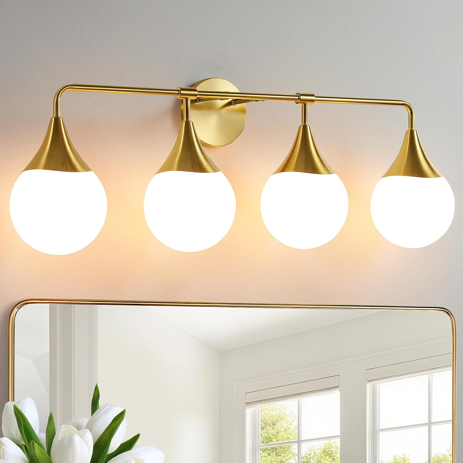 Bathroom Vanity Light Fixtures: 4 Lights Mid Century Modern Bathroom Lighting Fixtures Over Mirrors - Brass Gold Wall Sconce with Milky Glass Ball Shades for Bath Bedroom