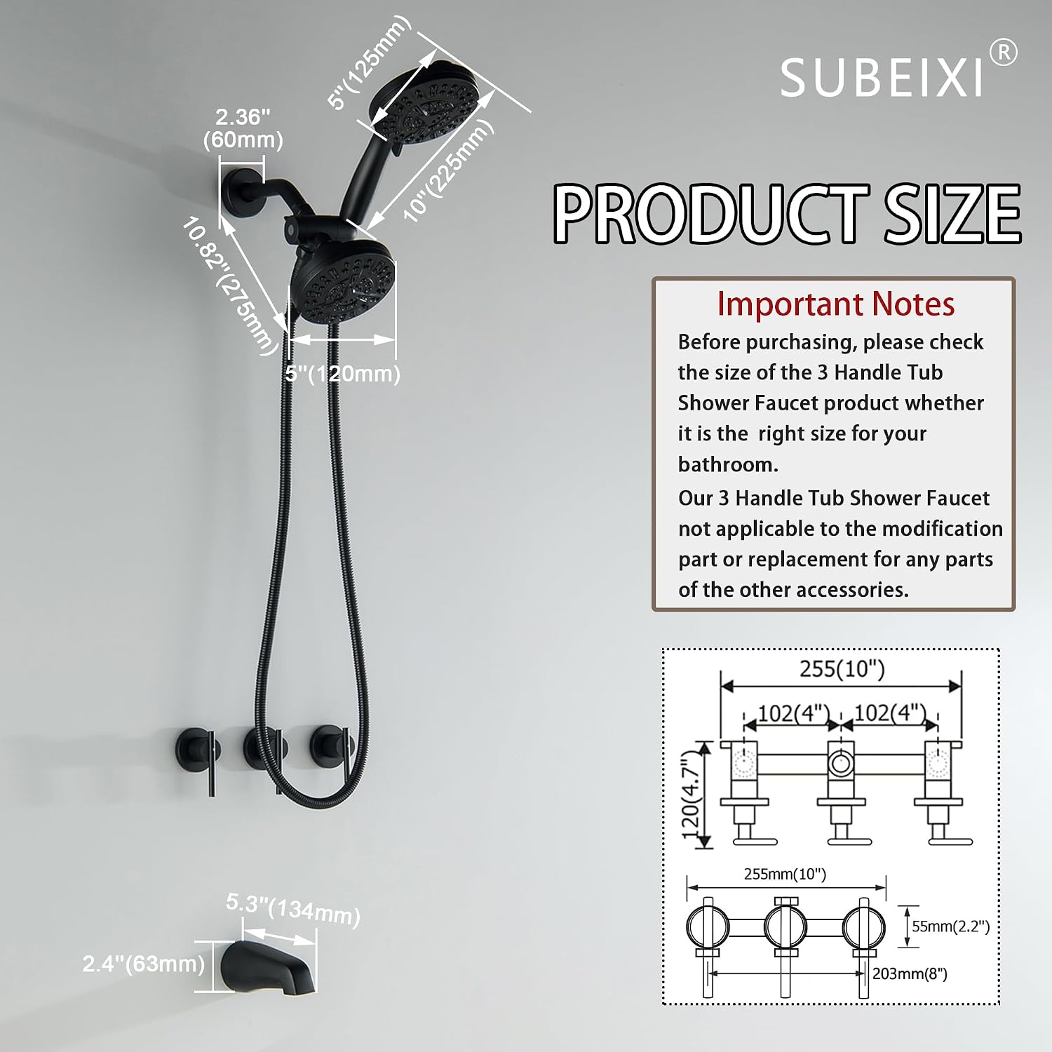 3 Handle Tub Shower Faucet Matte Black Bathtub Shower Faucet Set with Tub Spout, 3 Knob Shower Tub Faucet Set, Wall Mount