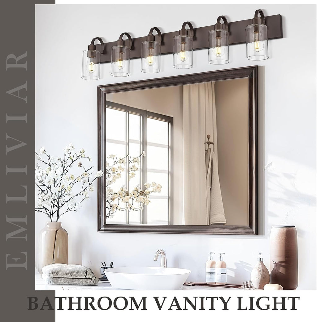 Emliviar 44.7 Inch Large Vanity Light for Bathroom, 6 Light Farmhouse Sconces Wall Lighting Over Mirror with Clear Glass, Oil Rubbed Bronze Finish, YCE237B-6W ORB