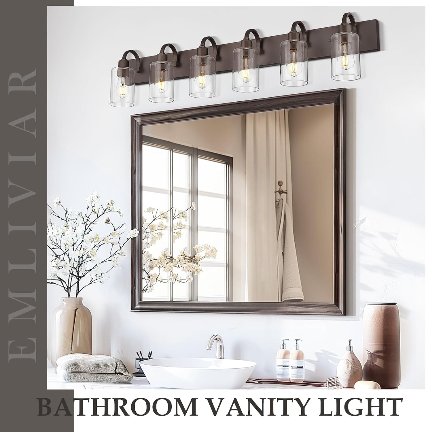 Emliviar 44.7 Inch Large Vanity Light for Bathroom, 6 Light Farmhouse Sconces Wall Lighting Over Mirror with Clear Glass, Oil Rubbed Bronze Finish, YCE237B-6W ORB