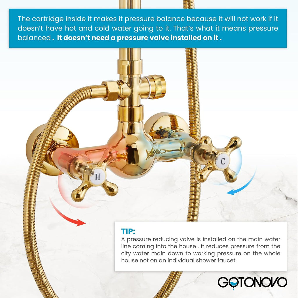 gotonovo Exposed Bathroom Shower Faucet Set Shower Fixture 8 Inch Rainfall Shower Head Handheld Shower Cross Handle Wall Mount 2 Functions Polished Gold