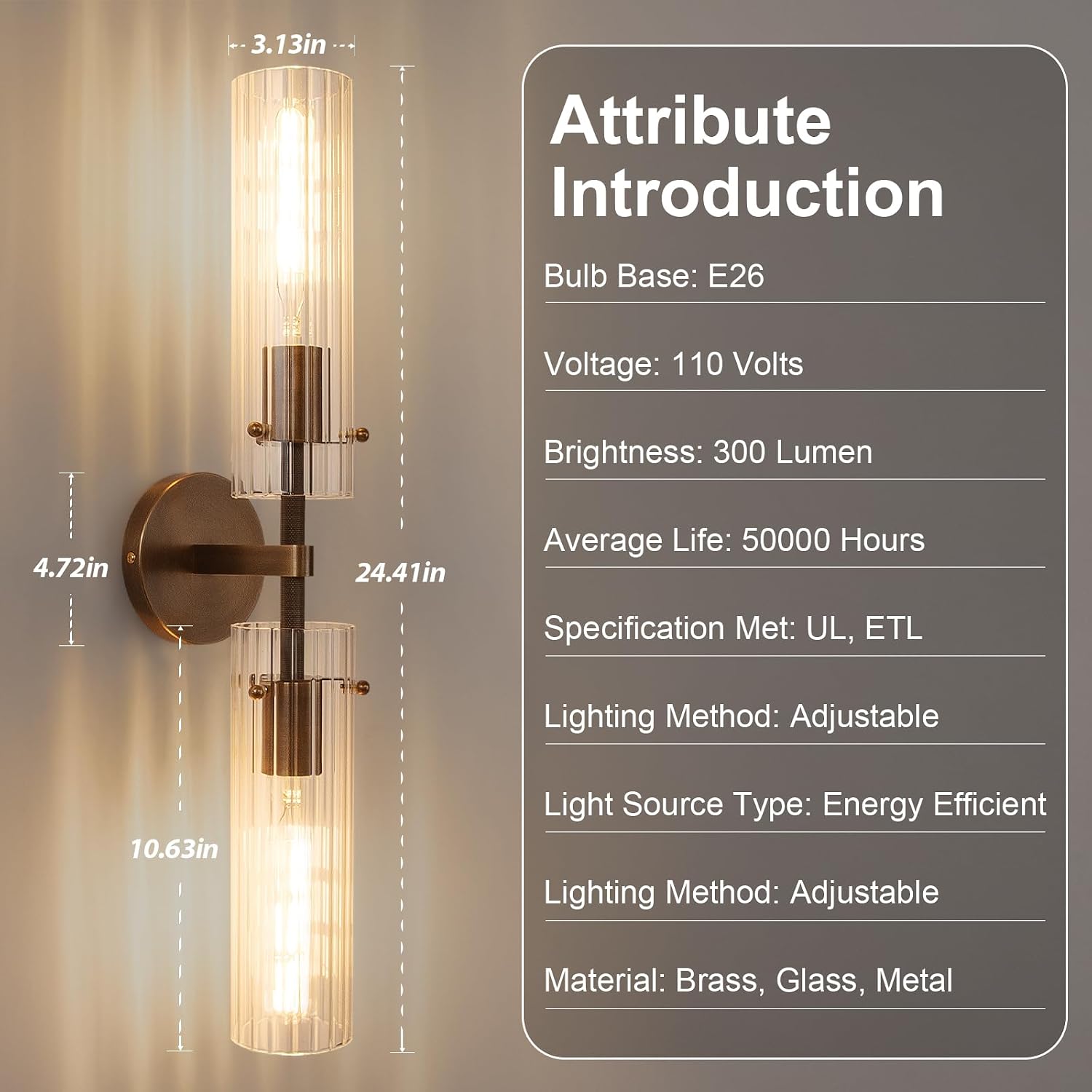 Brass Bronze 2-Light Knurled Wall Sconce, Dual-Head Vanity Lamp with Vertical Striped Glass Tube, Bathroom Wall Sconces, Wall Lights for Living Room Bedroom Hallway Kitchen Bathroom Mirror
