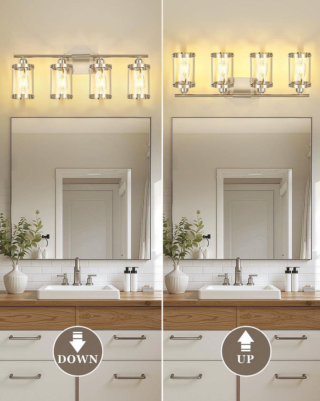 4-Light Brushed Nickel Bathroom Light Fixtures, 29 Inch Modern Bathroom Vanity Lighting Fixtures Over Mirror with Clear Glass and Metal Cage Wall Sconce Lights for Bath, E26, OS-3014BN-4W