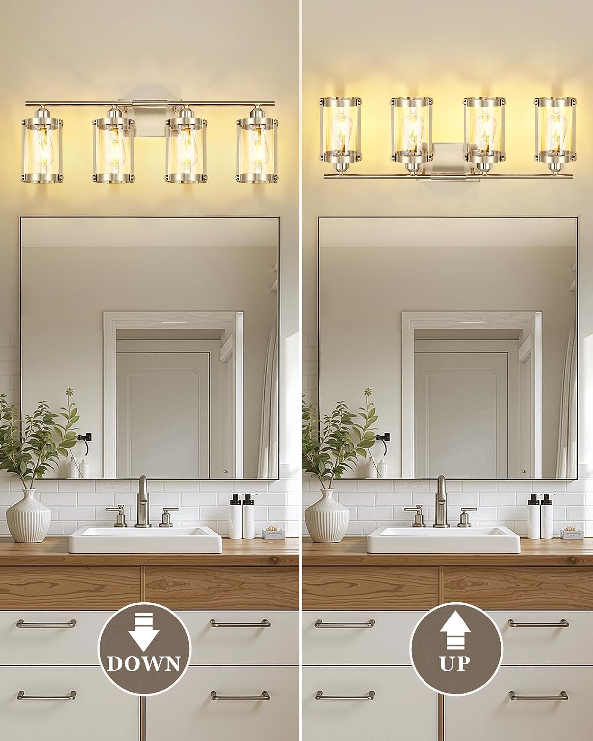 4-Light Brushed Nickel Bathroom Light Fixtures, 29 Inch Modern Bathroom Vanity Lighting Fixtures Over Mirror with Clear Glass and Metal Cage Wall Sconce Lights for Bath, E26, OS-3014BN-4W