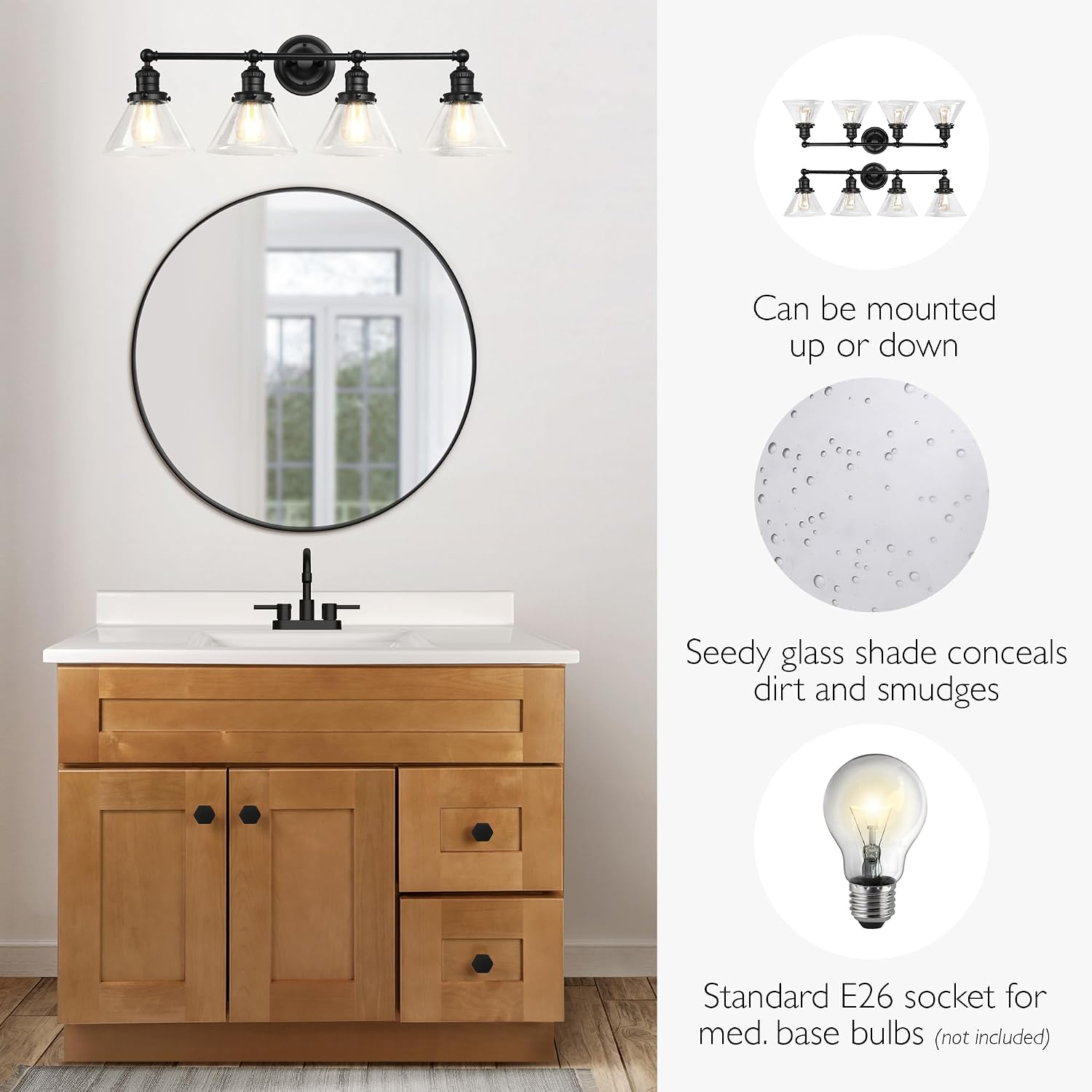 Design House Augustin Vanity Light, 4-Light, Seeded Glass Warm Glow, Dimmable, Up/Down Glow, Easy Installation, E26 Socket, Black, 34.9 in L x 8.3 in D x 11.1 in H, 589044-BLK