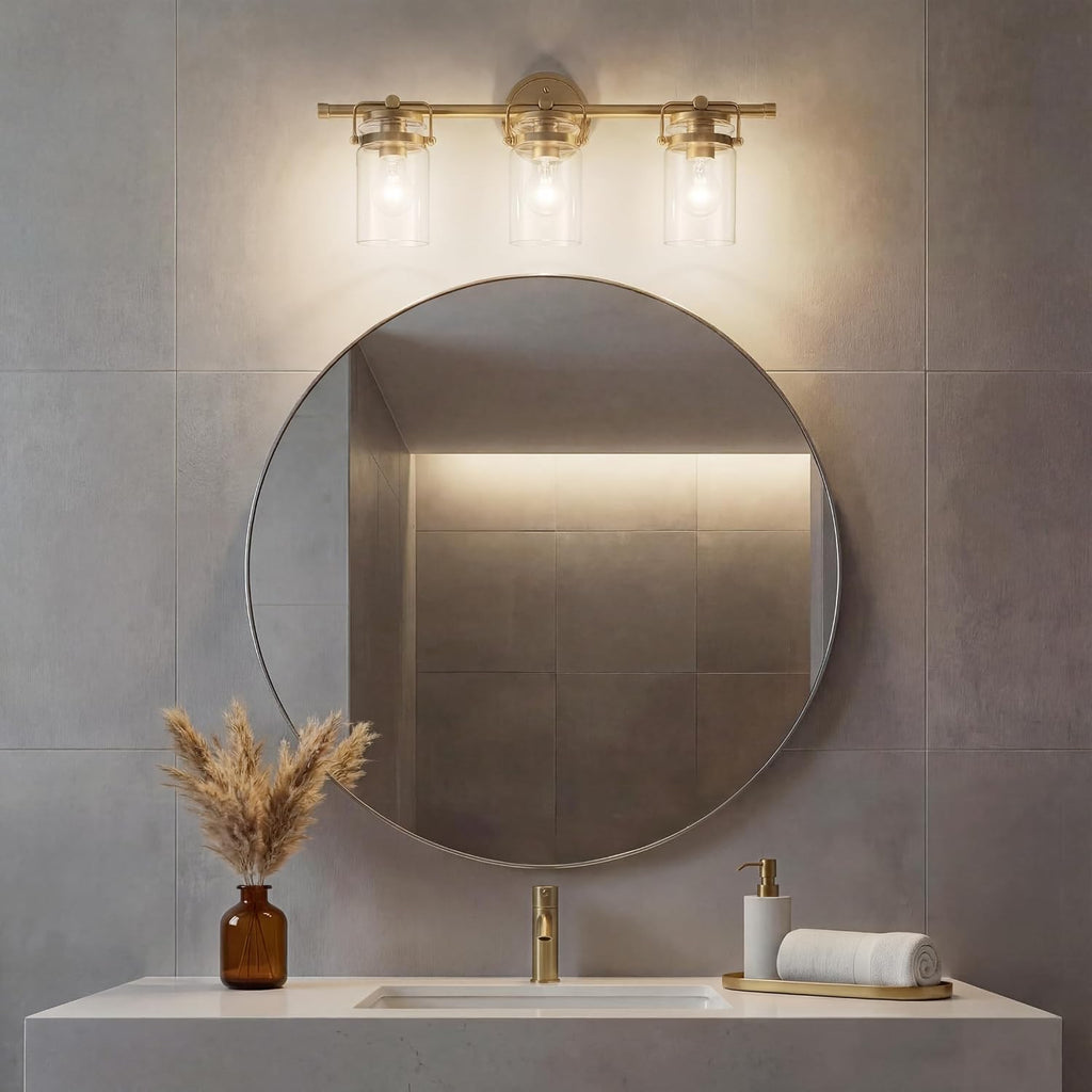Kichler Brinley 24' 3-Light Bathroom Vanity Light Fixture with Clear Glass in Champagne Bronze, Modern Farmhouse Mason Jar Style for Mirror Lighting (24' W x 10.25' H), 45689CPZ