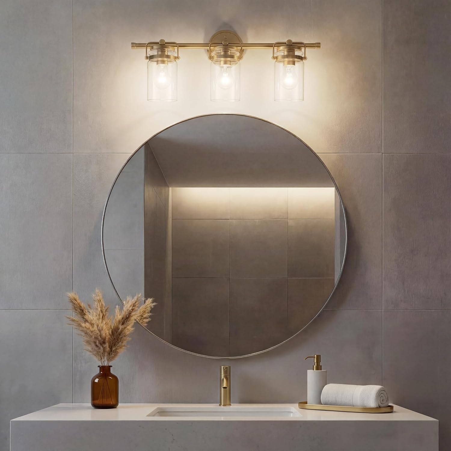 Kichler Brinley 24' 3-Light Bathroom Vanity Light Fixture with Clear Glass in Champagne Bronze, Modern Farmhouse Mason Jar Style for Mirror Lighting (24' W x 10.25' H), 45689CPZ