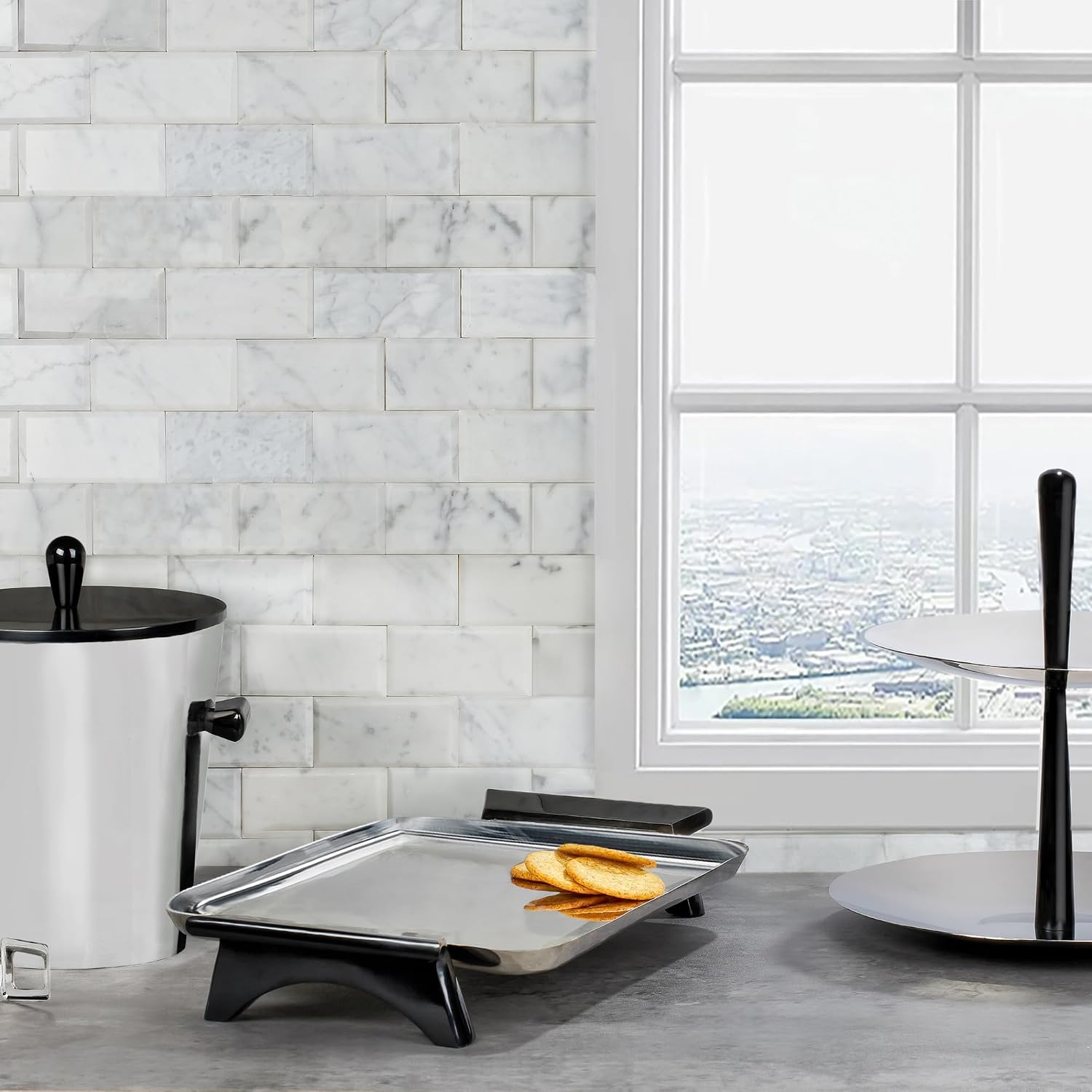Nambé Circa Ice Bucket with Tongs – Double-Walled Stainless Steel Bucket with Black Lacquered Resin Lid & Handles, 8'W x 9.5'L x 10'H – Includes Tongs for Home Bar, Champagne & Wine Chilling