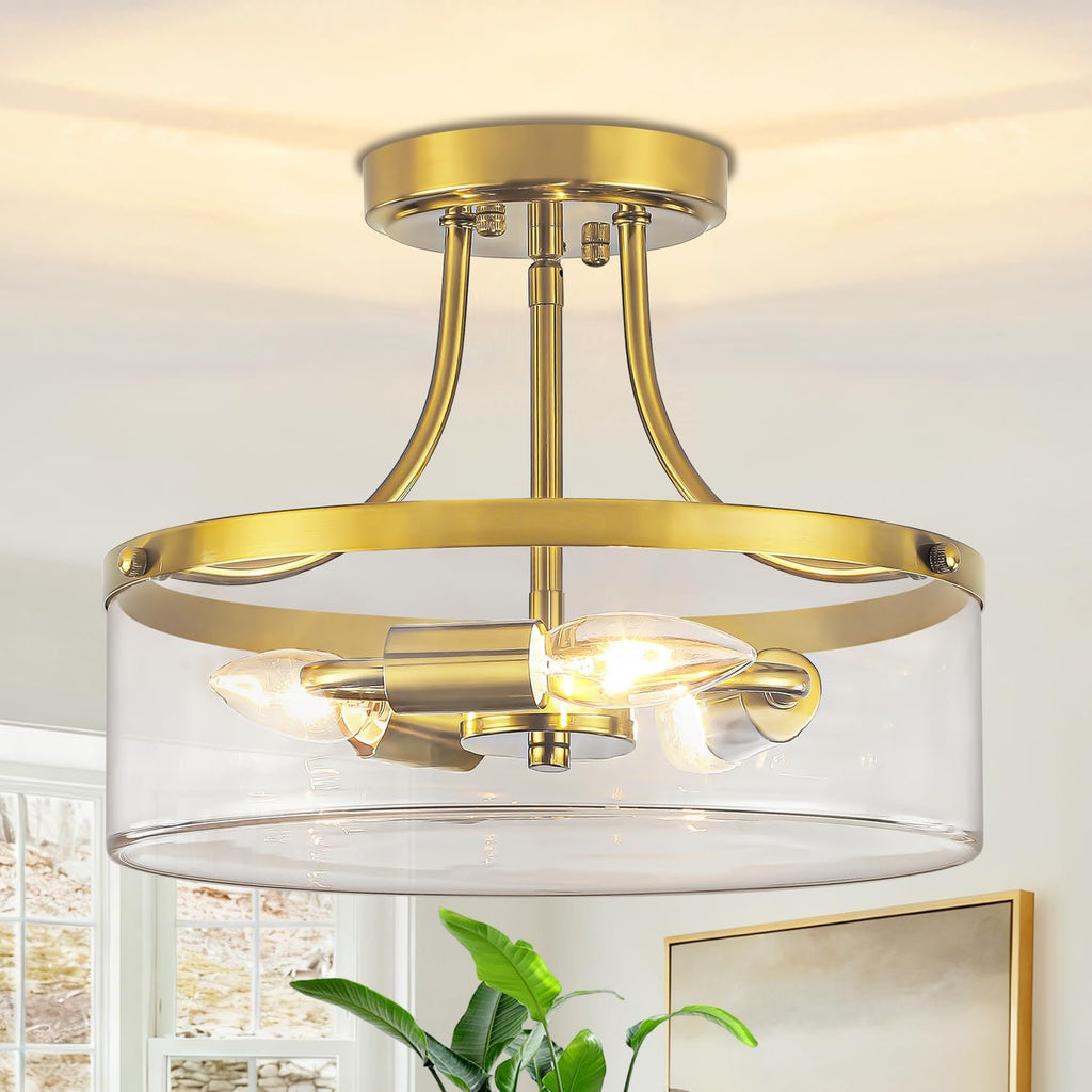 Brushed Gold Semi Flush Mount Ceiling Light, 11.81' Kitchen Lighting Fixtures Ceiling with Glass Shade, 3-Light Modern Hallway Light Fixtures for Entryway Bedroom Bathroom Foyer Laundry Dining Room