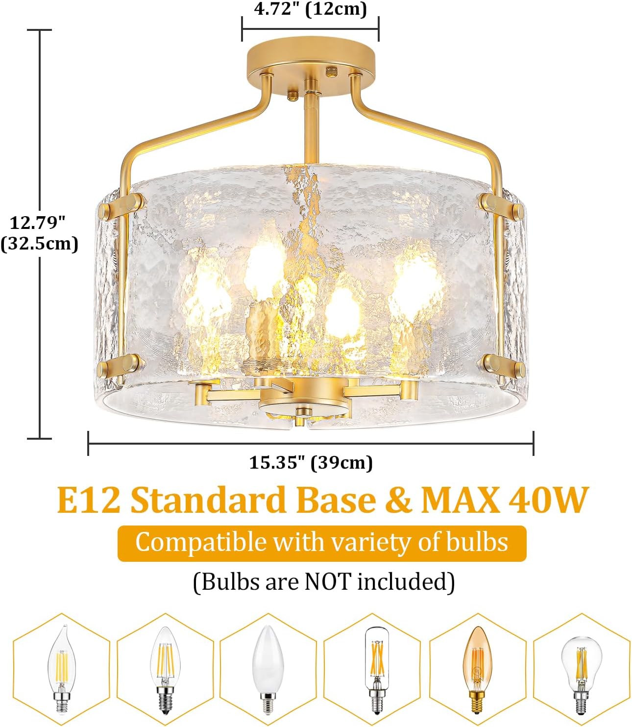 4-Light Gold Semi Flush Mount Ceiling Light, Modern Hammered Glass Drum Chandelier Entryway Light Fixtures Kitchen Close to Ceiling Lights for Bathroom Hallway Dining Room Foyer Lighting