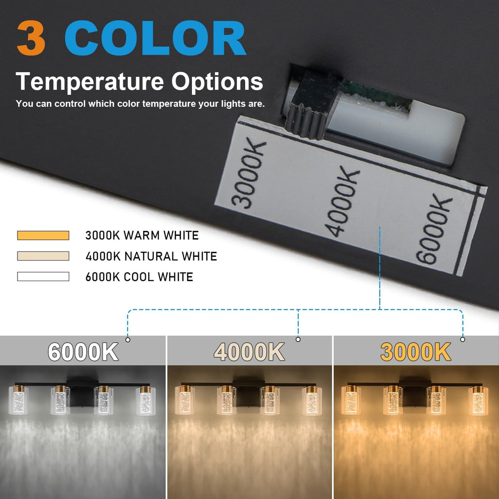 SineRise 4-Light Black and Gold Vanity Light with 3 Color Modes (3000K/4000K/6000K), Eye Protection LED Bathroom Light Fixture, Dimmable Modern Wall Light Over Mirror with Clear Glass Shade