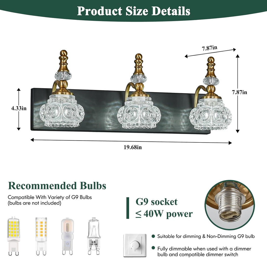 Bathroom Light Fixtures, Modern Glass Crystal Vanity Light Vintage Bathroom Lighting Fixtures Over Mirror 3 Light Vanity Lights G9 Bulb (19.68 Inch, Black Gold)
