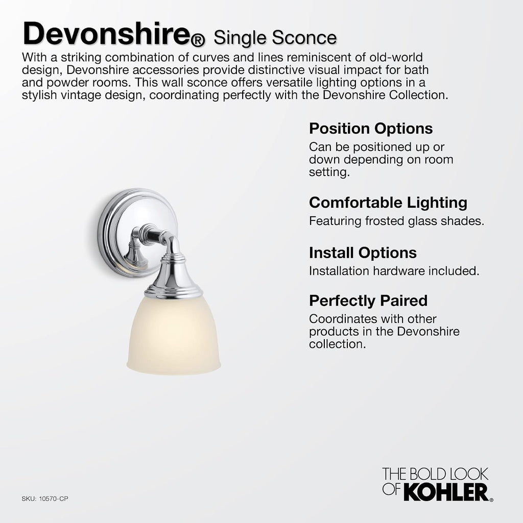 Kohler Devonshire Bathroom Vanity Light Fixture, Wall Sconce Lighting, Position Facing Up or Down, UL Listed, 1 Light, Black with Brass Trim