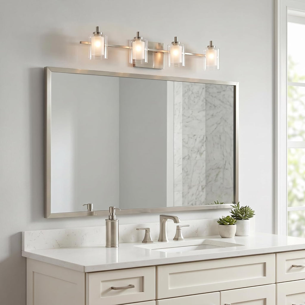 Quoizel Kolt Modern Vanity Lights, 4-Light, 29 Inch Brushed Nickel Bathroom Lighting Fixtures Over Mirror, Sandblasted Inner Glass, 50 W LED Bulb, Wall Mount Light for Bathrooms, Kitchen or Hallway