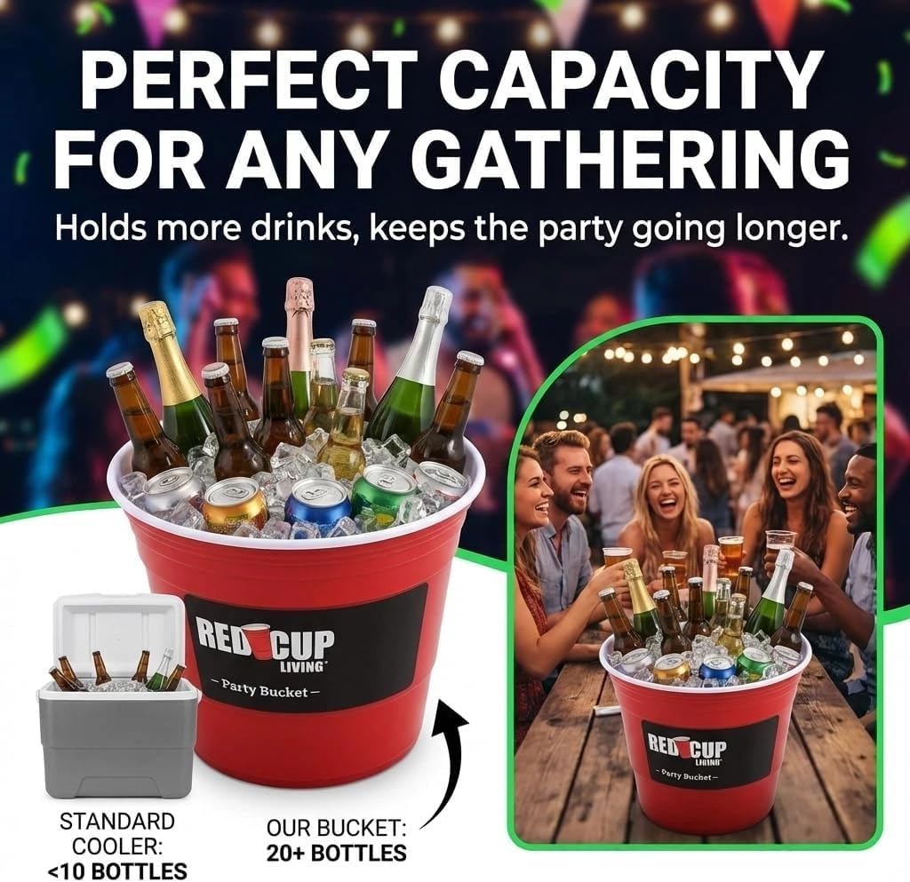 Red Cup Living Large Party Ice Bucket, 201 oz Insulated Drink Cooler for Parties, Bar & Kitchen, Durable Plastic Beer, Wine & Champagne Beverage Tub for Holiday (18)
