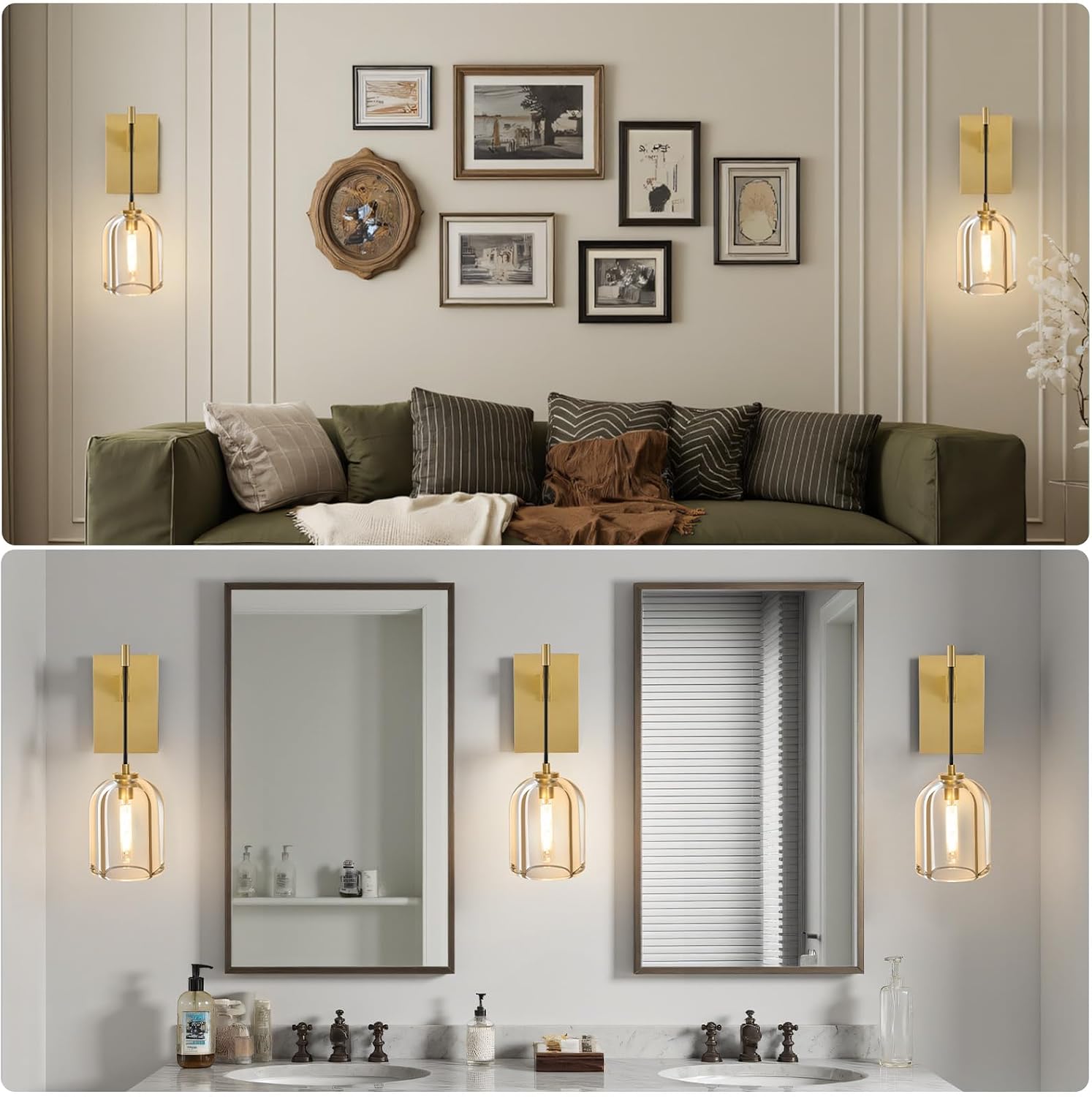 Crystal Brass Hemisphere Wall Sconce - Gold Brushed Dimmable Sconces with Bulbs - Modern Hanging Light Decor - Luxury Indoor Lighting Fixture for Bedroom Living Room Bathroom Vanity Hallway