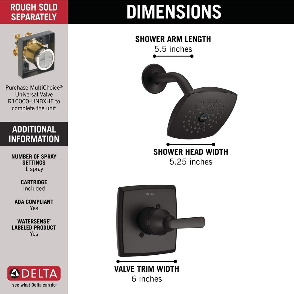 Delta Ashlyn 14 Series Shower Faucet Set, Matte Black Shower Head and Handle Set, Valve Trim Kit, Matte Black T14264-BL (Valve Not Included)