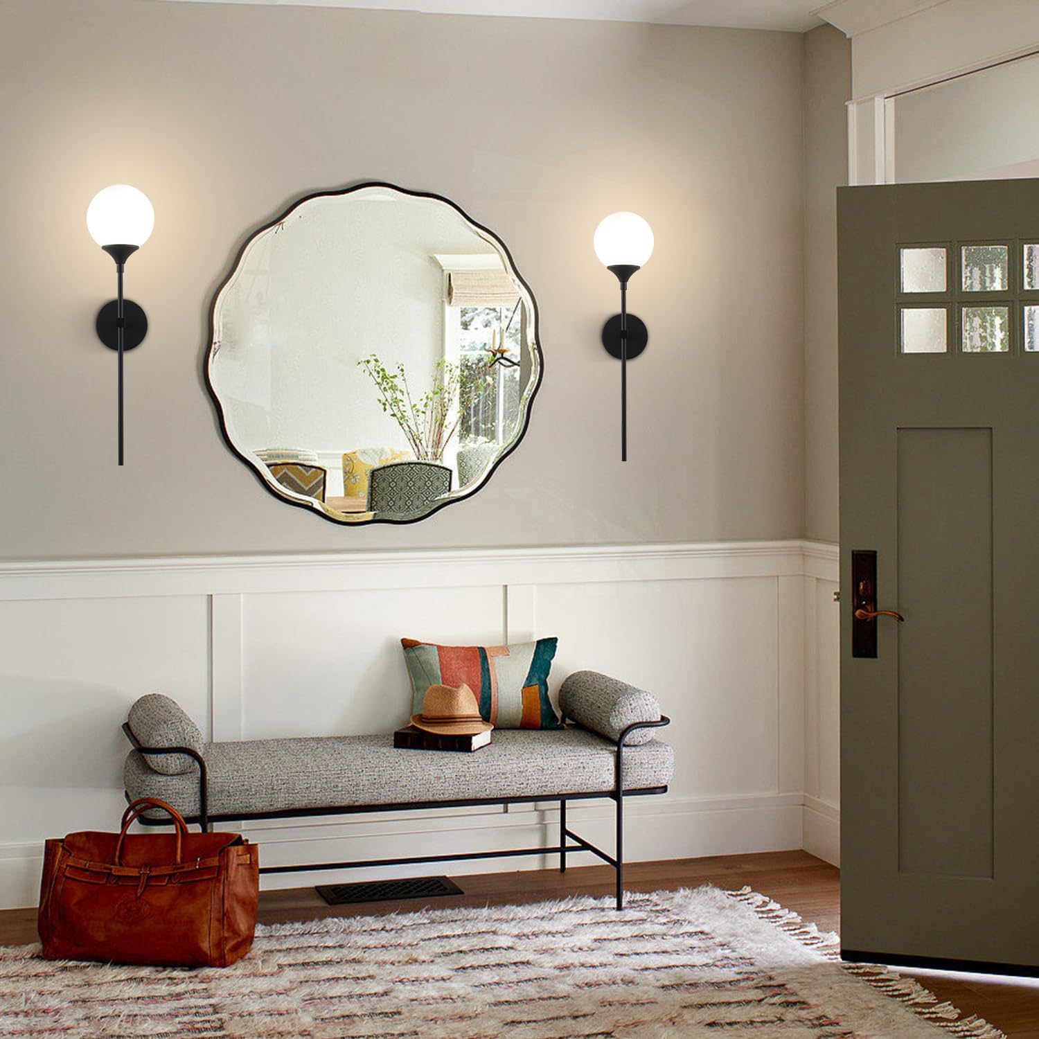 KCO Lighting Farmhouse Matte Black Wall Sconce Set of 2 Vintage Milk White Glass Globe Wall Light Mid Century Modern Bathroom Vanity Light Set of Two Industrial Bar Wall Lamp