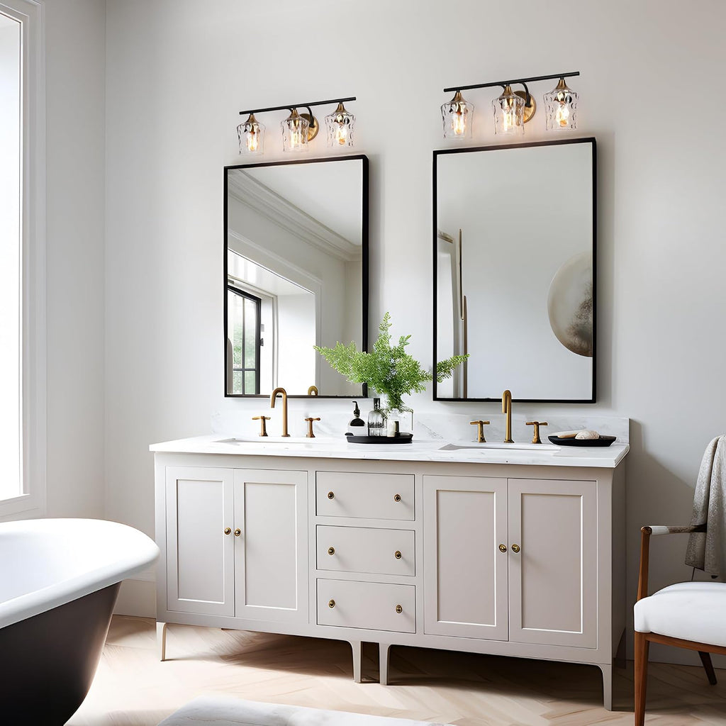 KSANA Black and Brass Vanity Light, Modern Black Gold Bathroom Light Fixtures with Water Textured Glass Shade, 3-Light Bathroom Lighting Over Mirror