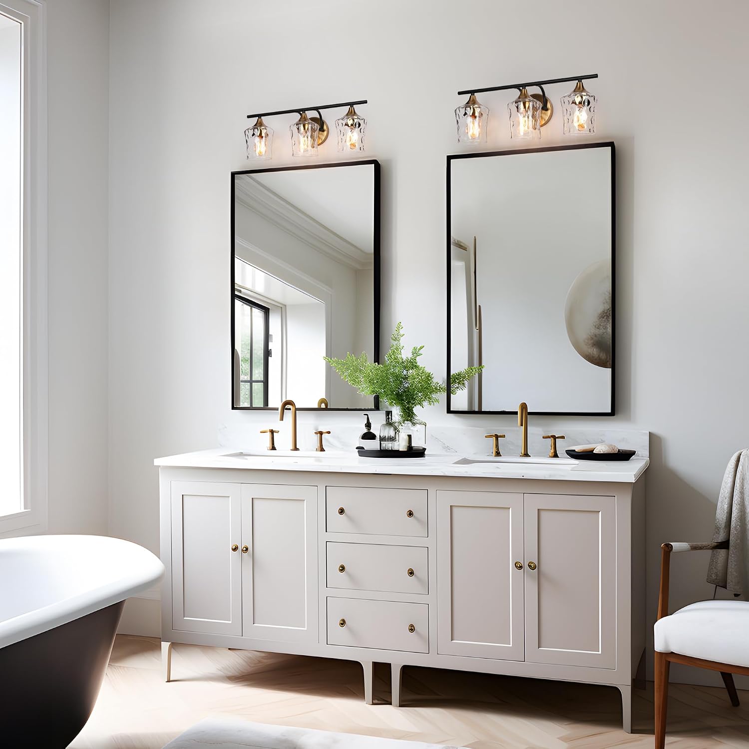 KSANA Black and Brass Vanity Light, Modern Black Gold Bathroom Light Fixtures with Water Textured Glass Shade, 3-Light Bathroom Lighting Over Mirror