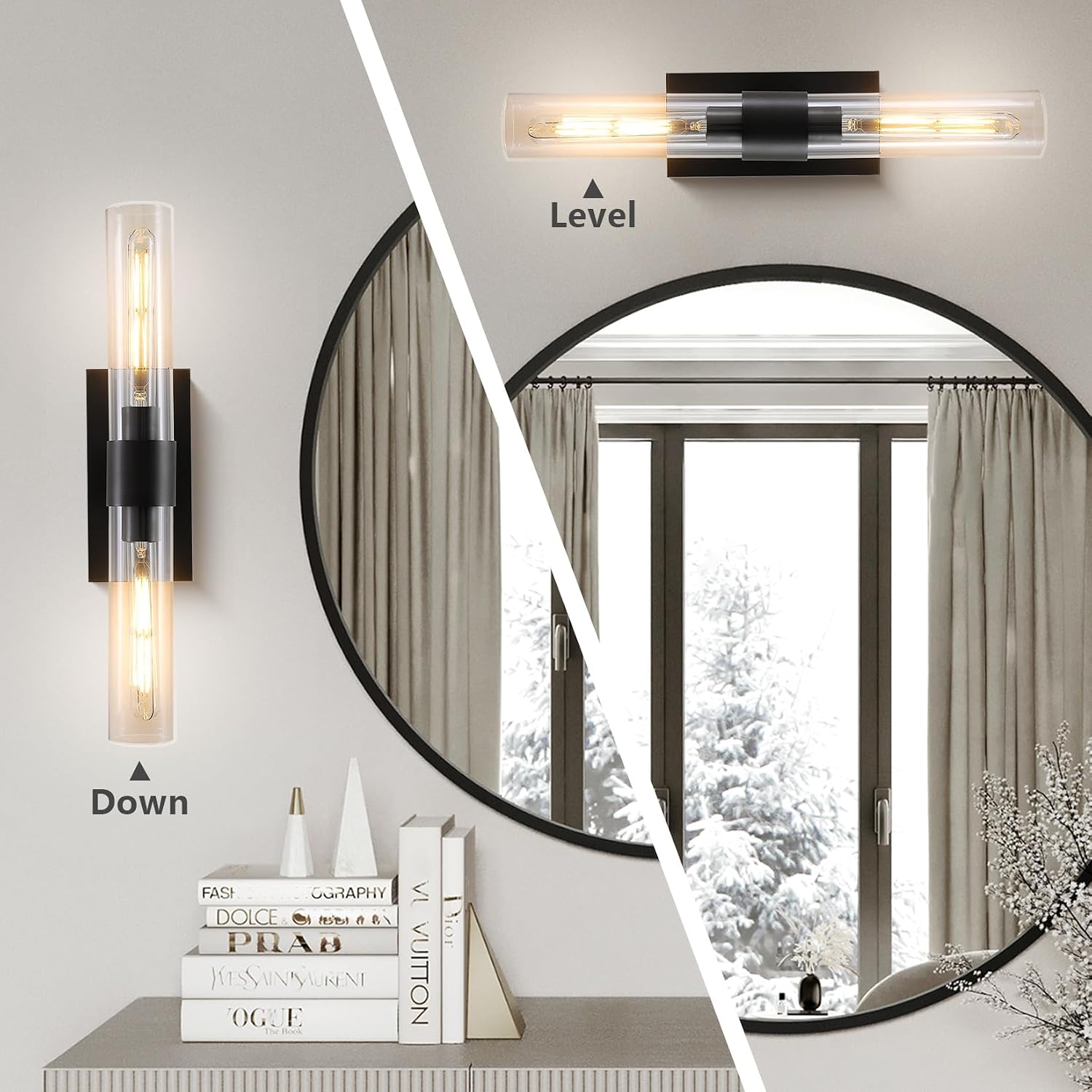 Black Wall Sconces Set of Two, Brass 22.8' Sconces Wall Lighting,Bathroom Vanity Lights with Clear Glass Shade for Mirror, Living Room, Bedroom, Hallway, Fireplace, Staircas（Including Bulb）