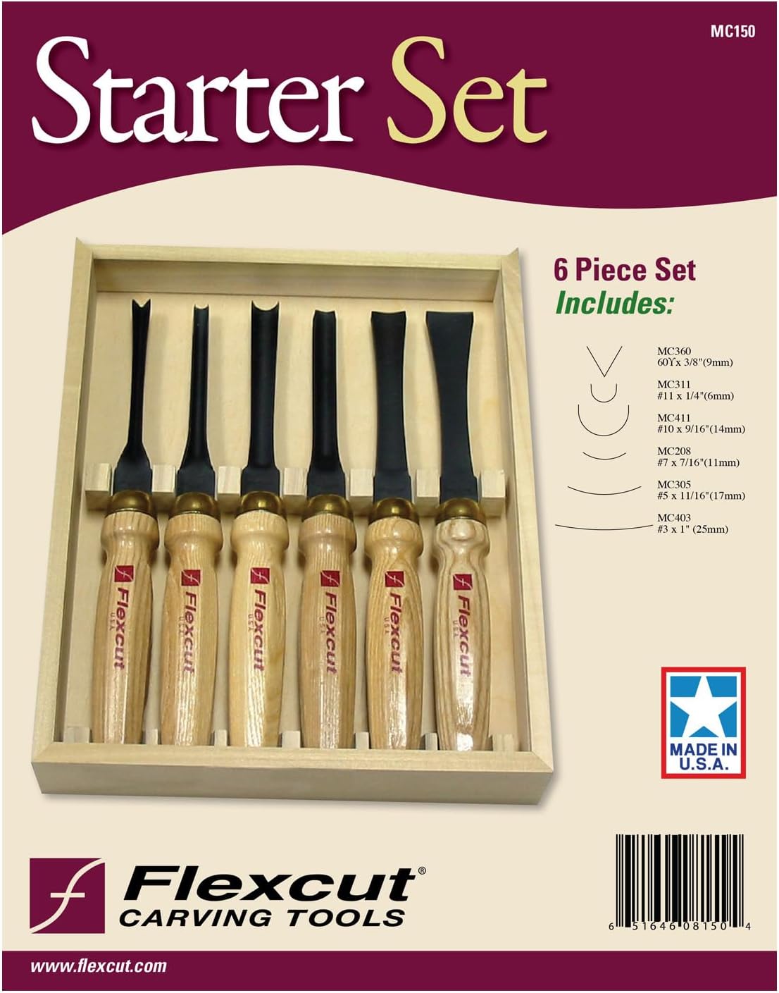 Flexcut Wood Carving Tools | 6-Piece Mallet Starter Set | Wood Carving Chisels and Gouges |1095 High Carbon Steel Blades | Ash Hardwood Handles| MC150 | Made in the U.S.A