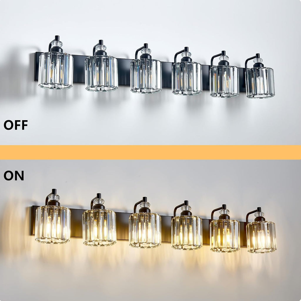 6-Light Black Bathroom Light Fixtures Over Mirror Modern Vanity Lights Crystal Wall Sconce Vintage Bathroom Lighting with Crystal Shade E26 Base for Bedroom, Living Room, Hallway