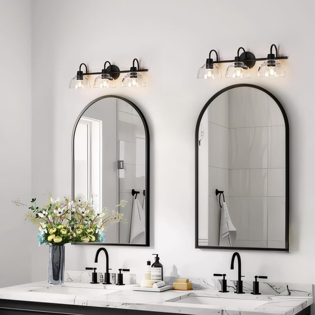 KSANA Black Bathroom Light Fixture, 3-Light Vanity Light with Large Opening Clear Glass Shade, Modern Farmhouse Wall Lamp Over Mirror