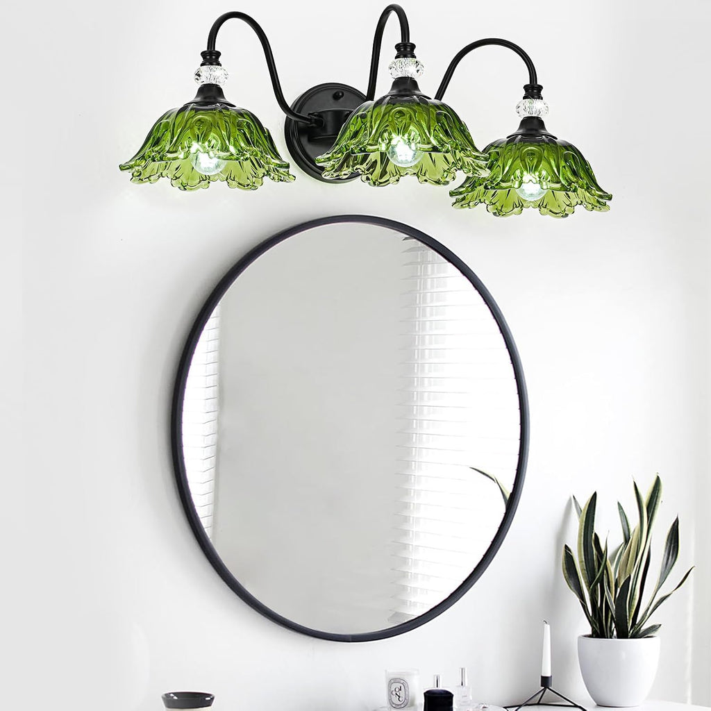 Black Bathroom Vanity Light,3-Light Vanity Light with Floral Green Glass Shades,Vintage Farmhouse Wall Mount Lighting for Bathroom, Dressing Table