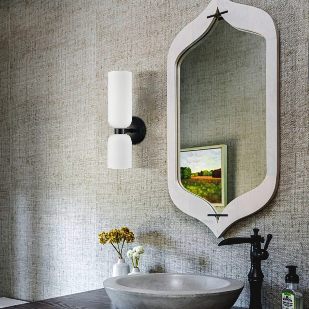 DEYNITE Black Wall Sconces Set of 2 Modern Farmhouse 2-Light Wall Light Bathroom Vanity Light,Milky White Glass Light for Bedroom, Living Room, Kitchen