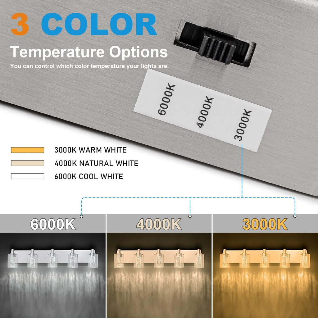 SineRise Vanity Light with 3 Color Modes (3000K/4000K/6000K), Eye Protection LED Bathroom Light Fixture, Dimmable Modern Wall Light Over Mirror with Clear Glass Shade (Chrome, 5-Light)
