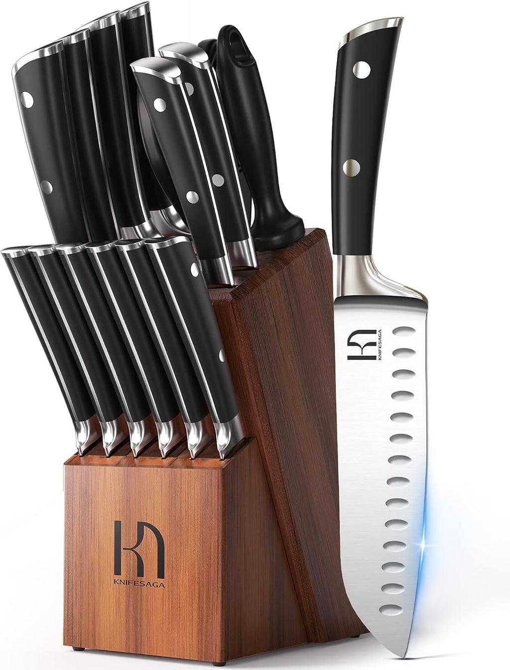 KnifeSaga Knife Set, 15 Pcs Kitchen Knife Block Sets with Sharpener, Japanese High Carbon Stainless Steel Set of Knives, Premium Razor Sharp Black Knives Set with Block for Kitchen, Ergonomic Handle
