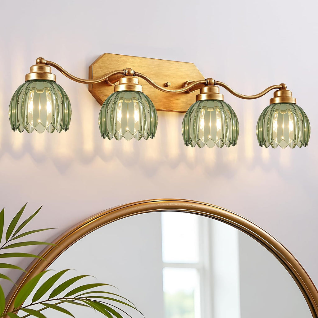 VbiTmn Gold Bathroom Light Fixtures, 4 Light Vintage Vanity Lights, Antique Brass Brushed Gold Finish, Crystal Green Glass Shade, Mid Century Wall Sconces for Bedroom, Living Room, Hallway