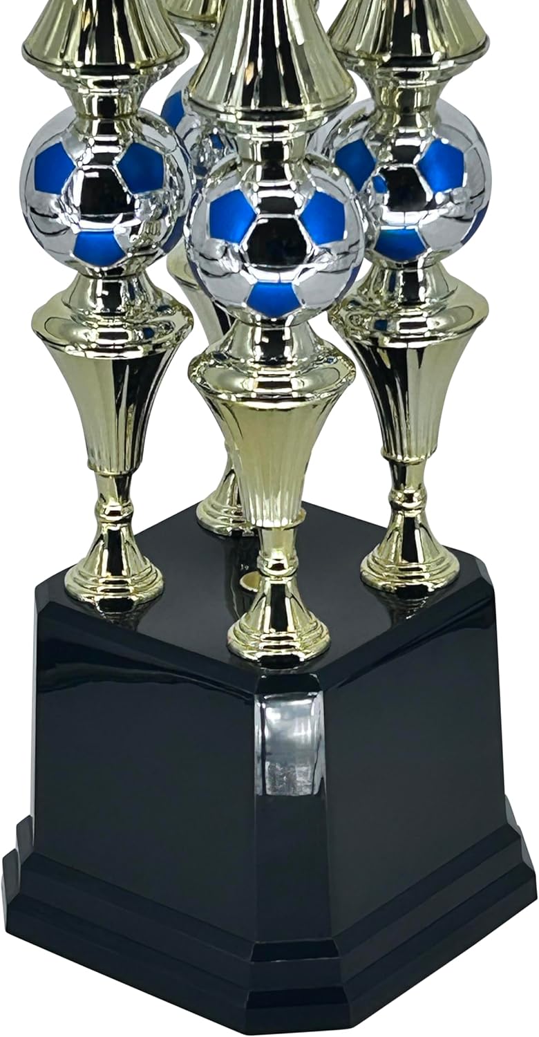 Express Medals Deluxe Soccer Championship Trophy, 41-Inch Gold Tower with Silver Blue Ball Accents, 4-Tier Design