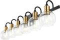 JONATHAN Y 44.25' Black/Brass Gold Vintage Wall Sconce, LED Vanity Light for Bathroom Bedroom Entryway, Clear Glass Globe Shade, Modern Industrial Arched Lamp, LED Bulb Included (JYL3557A)