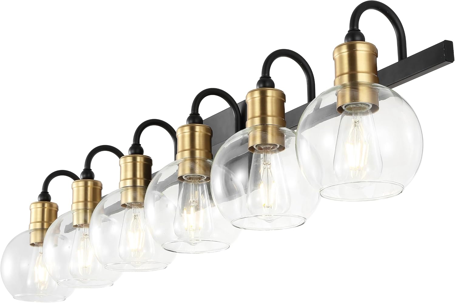 JONATHAN Y 44.25' Black/Brass Gold Vintage Wall Sconce, LED Vanity Light for Bathroom Bedroom Entryway, Clear Glass Globe Shade, Modern Industrial Arched Lamp, LED Bulb Included (JYL3557A)