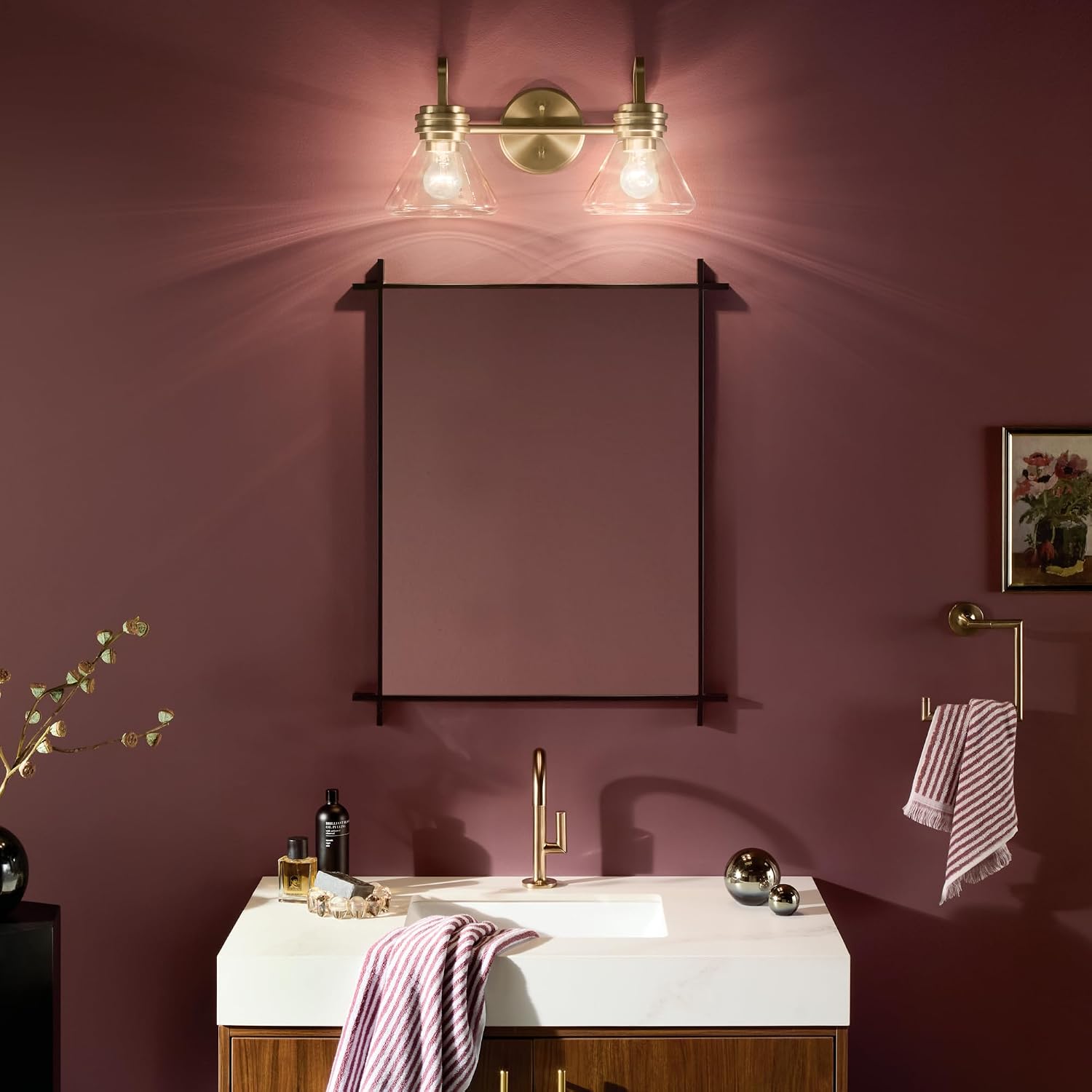 Kichler Farum 19.25' 2-Light Bathroom Vanity Light Fixture with Clear Glass in Champagne Bronze for Vanity Mirror, Jack & Jill Layout, Over Mirror (19.25' W x 9.5' H), 55154CPZCLR