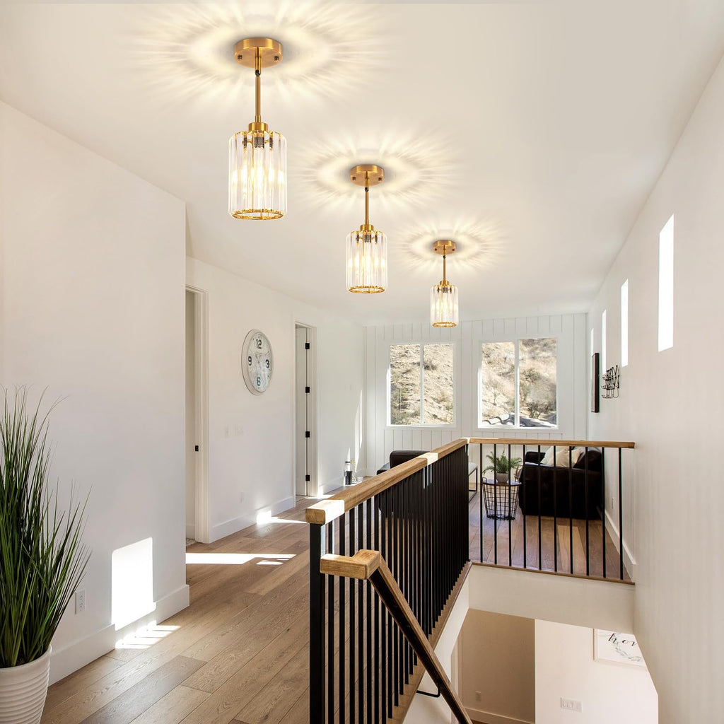 3 Pack Brushed Gold Pendant Lights Kitchen Island, Modern Crystal Pendant Lighting Over Island Kitchen Light Fixtures Hallway Ceiling Lights Adjustable Hanging Pendant Light for Bathroom Foyer