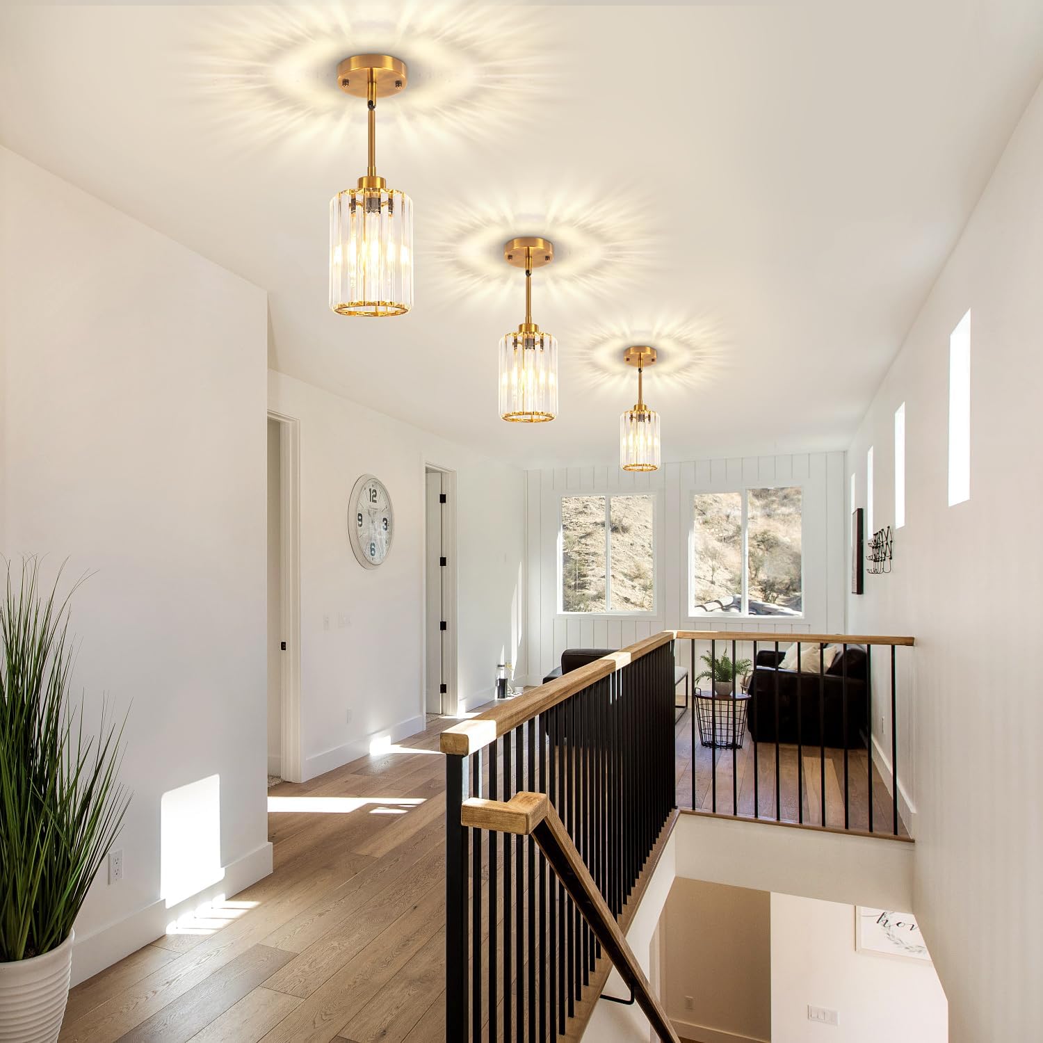 3 Pack Brushed Gold Pendant Lights Kitchen Island, Modern Crystal Pendant Lighting Over Island Kitchen Light Fixtures Hallway Ceiling Lights Adjustable Hanging Pendant Light for Bathroom Foyer