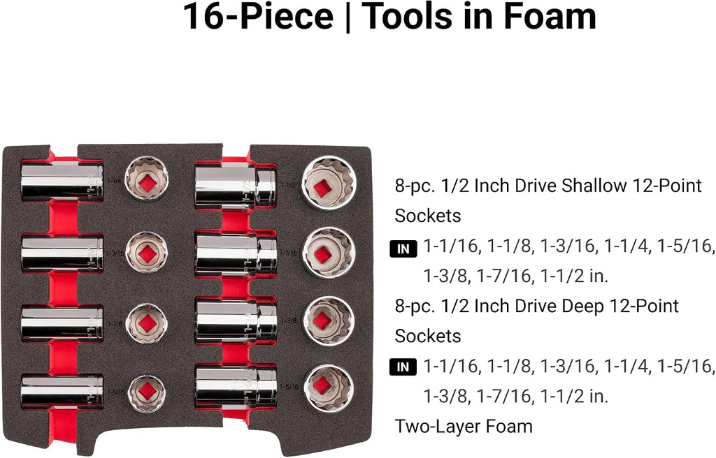 TEKTON 1/2 Inch Drive Shallow and Deep 12-Point Socket Set with Open Top Drawer and Rack, 16-Piece (1-1/16-1-1/2 in.) | SHD92706