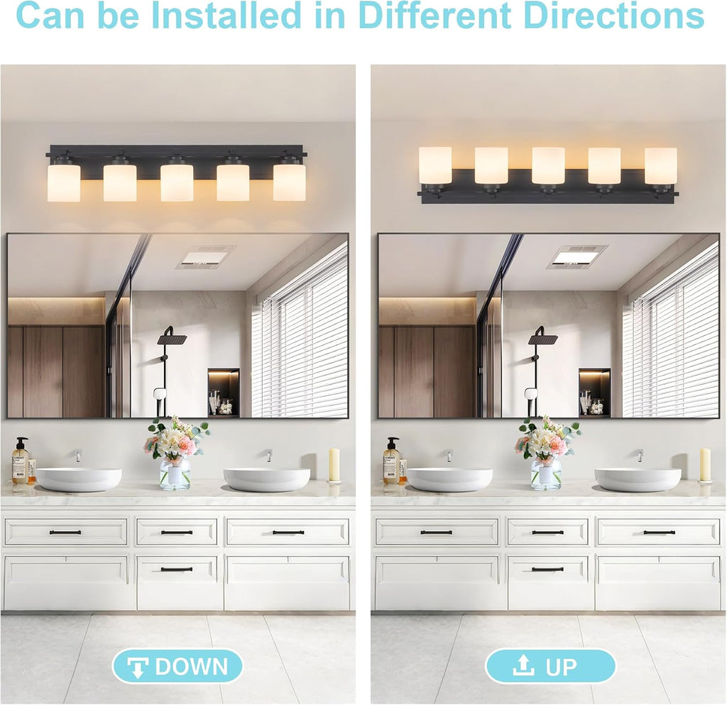 Modern Bathroom Light Fixtures Over Mirror, Vanity Lights for Bathroom Wall Sconces with Milky White Glass Shades, E26 Socket (Bulbs Not Included), 5 Light, Black