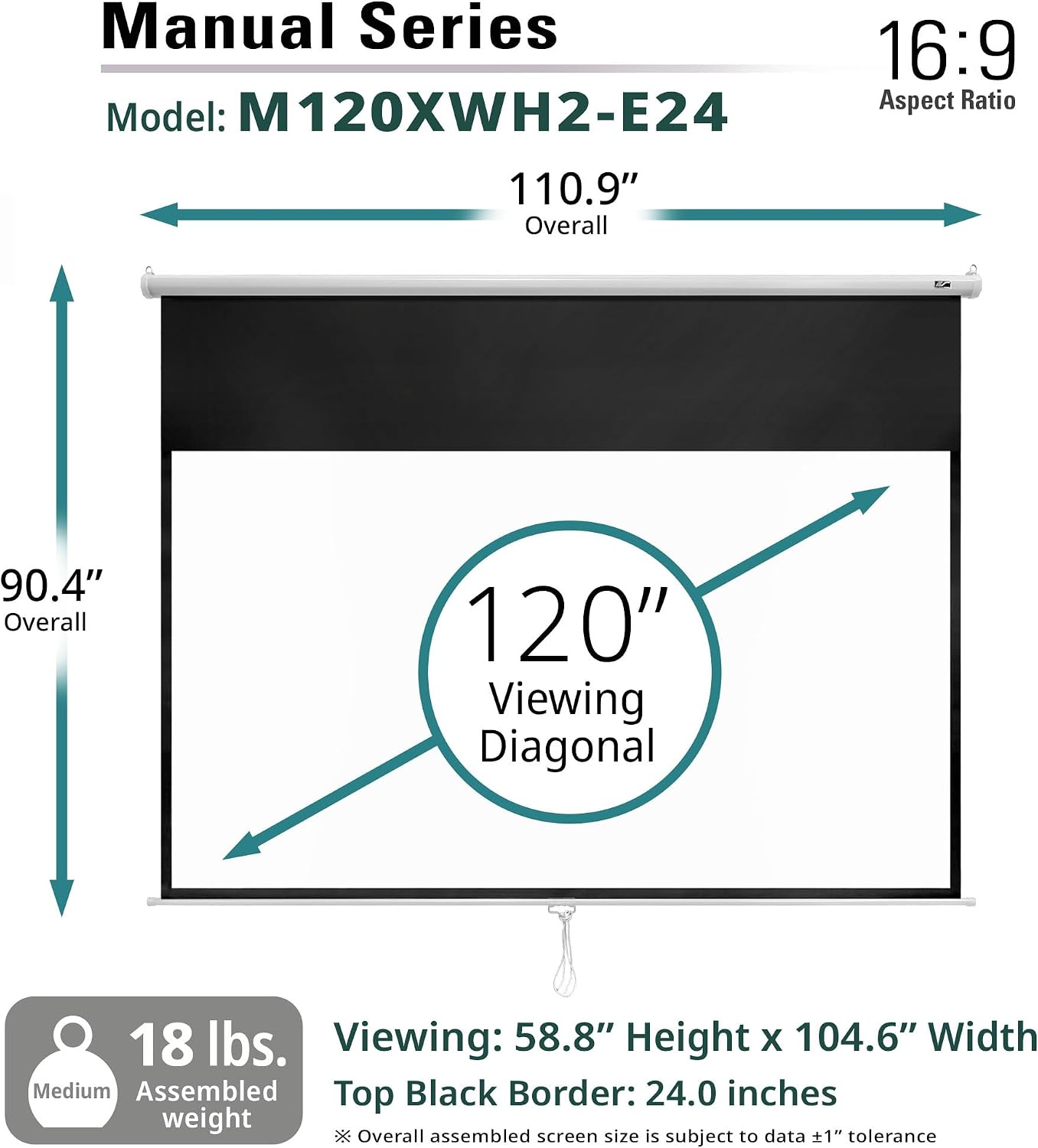 Elite Screens Manual Series, 120-INCH 16:9, Pull Down Manual Projector Screen with 24-INCH DROP, Movie Home Theater 8K / 4K Ultra HD 3D Ready, 2-YEAR WARRANTY , M120XWH-E24