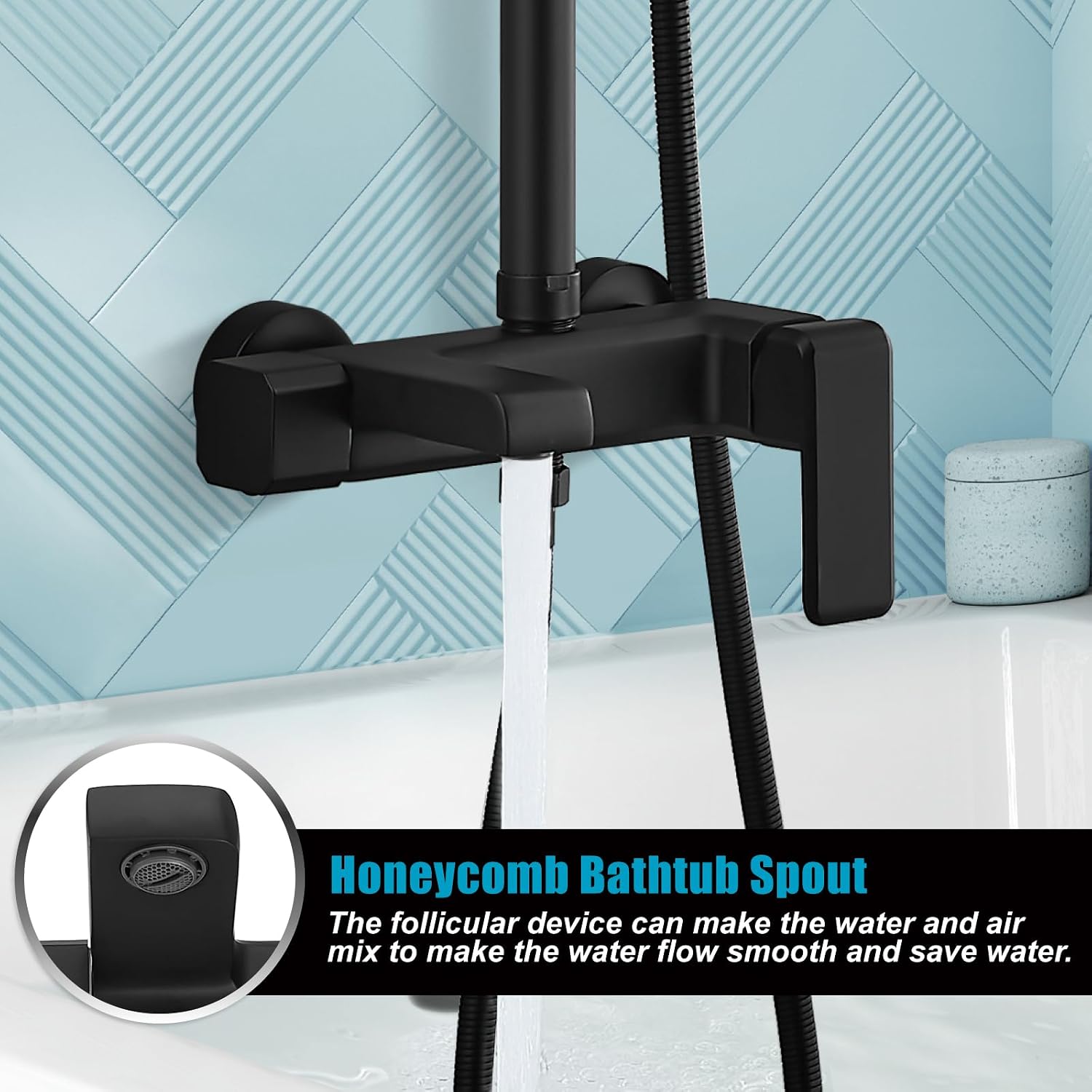 gotonovo Matte Black Exposed Shower Fixture Faucet Set Triple Function 8 Inch Rainfall Showerhead and Tub Spout Shower System Combo Unit, Multi Functional ABS Handheld