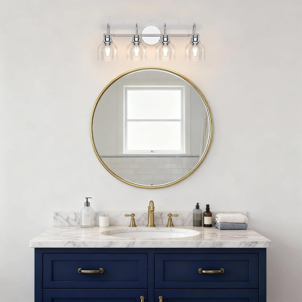 4 Lights Bathroom Vanity Light Fixtures, Chrome Traditional Classic Vanity Light with Clear Glass, Bathroom Lighting Fixtures Over Mirror