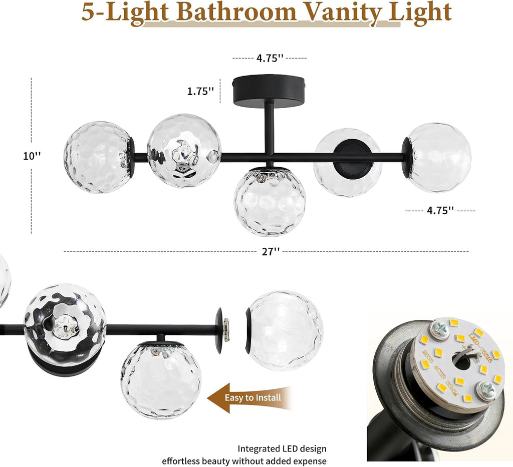 Black LED Bathroom Vanity Light: 5-Light Hammered Clear Glass Globe Bathroom Vanity Lights Fixture over Mirror - Mid Century Modern Dimmable Matte Black Bath Room Makeup Fireplace Wall Sconce Lighting