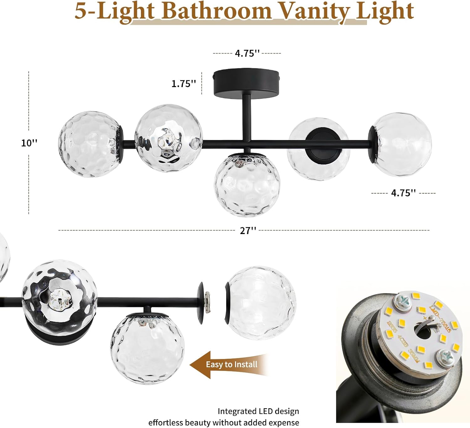 Black LED Bathroom Vanity Light: 5-Light Hammered Clear Glass Globe Bathroom Vanity Lights Fixture over Mirror - Mid Century Modern Dimmable Matte Black Bath Room Makeup Fireplace Wall Sconce Lighting