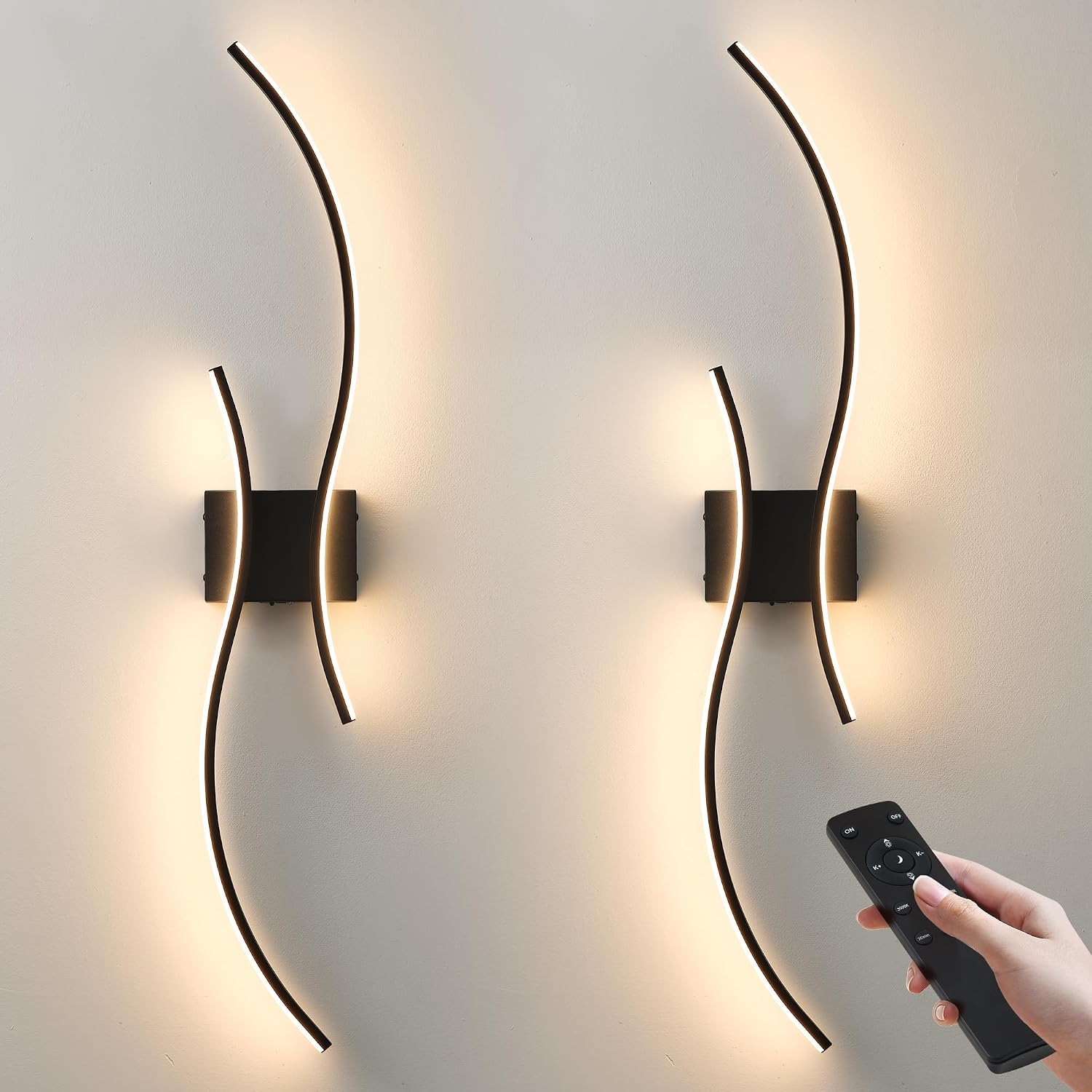 Battery Operated Wall Sconces Set of Two with Remote Control, Battery Wall Light, Stepless Colors 3000K-6000K & Dimming, Black Rechargeable Wall Sconces for Living Room, Hallway, Bedroom, 39.3 Inch