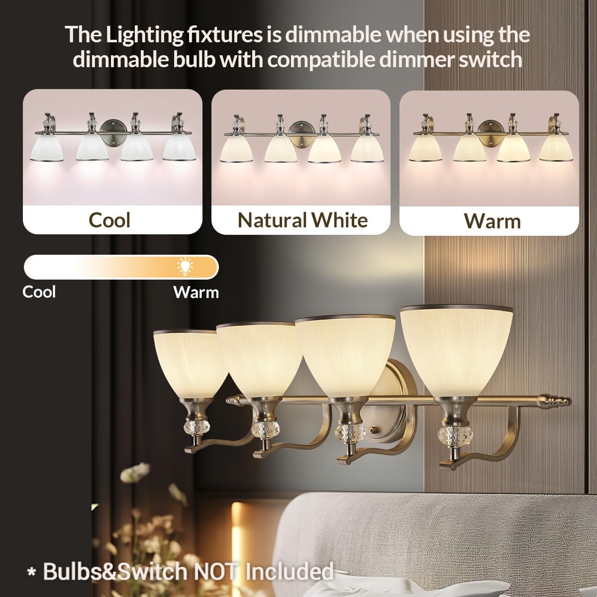 ANDY STAR Bathroom Light Fixtures Over Mirror, 4-Light Brushed Nickel Vanity Lights for Bathroom, 27.8 Inch Vintage Wall Sconce with Milk White Bell Glass Shades, Rustproof Silver Finish, E26 Base